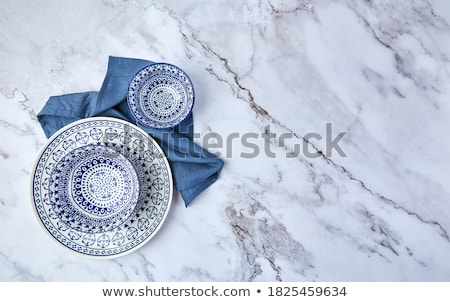 Stockfoto: Blue Empty Plate On Marble Table Flatlay Background Tableware D