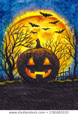 Stok fotoğraf: Leaves Flying Bat Ghost And Pumpkin With A Scary Face On An Orange Background With Space For Text