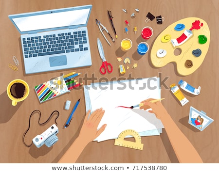 Foto stock: Graphic Designer Hands Working With Protractor And Pencil