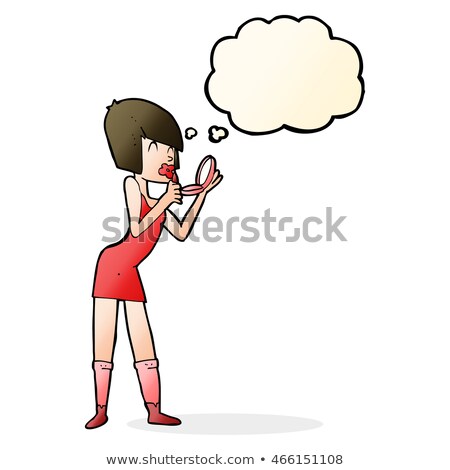 Foto stock: Cartoon Woman Applying Lipstick With Thought Bubble