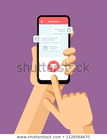 Hand Holds The Smartphone And Presses Pink Button In Messanger Application Flat Vector Modern Phone Сток-фото © karetniy