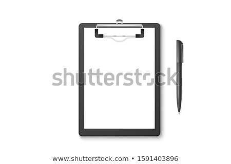 [[stock_photo]]: Vector 3d Realistic White Clipboard With Blank Paper Metal Clip Automatic Pen Set Closeup Isolated