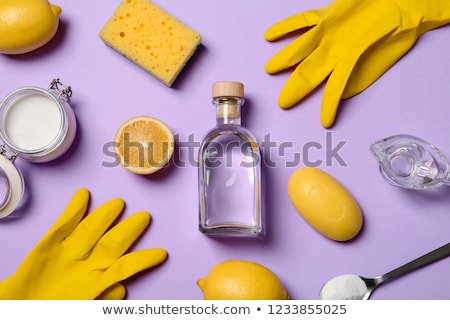 Foto stock: Background With Eco Friendly Household Cleaning Supplies And Leaves Natural Detergents Products Fo