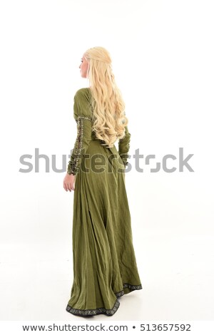 Stock fotó: Blond Hair Woman In Long Green Dress Isolated On White