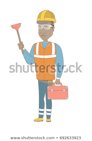 Stock foto: African Plumber Holding Plunger And Tool Box
