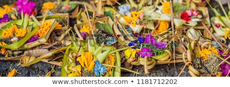 Сток-фото: Offerings To Gods In Bali With Flowers Food And Aroma Sticks