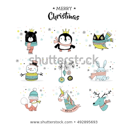 Foto stock: Merry Christmas Hand Drawn Cute Doodles Stickers Illustrations Penguin Bear Owl Deer And Unico