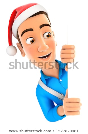 3d Painter With Christmas Hat Peeping Over Wall Zdjęcia stock © 3dmask