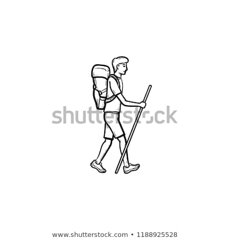 ストックフォト: Hiker With Backpack Walking Hand Drawn Outline Doodle Icon