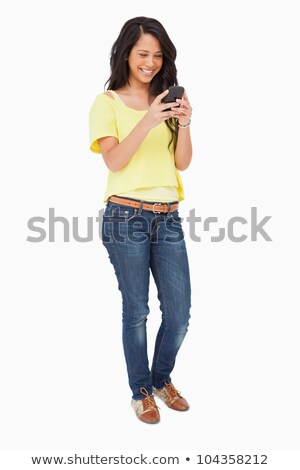 Сток-фото: Woman Reading Text Message Against A White Background