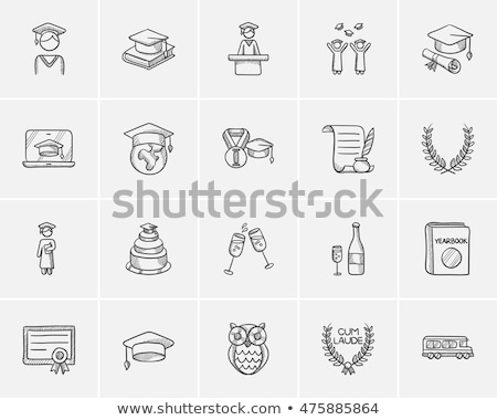 Сток-фото: Graduation Cap On Book And Laptop Hand Drawn Icon