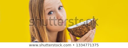 Сток-фото: Young Woman Doing Oil Pulling Over Yellow Background Banner Long Format