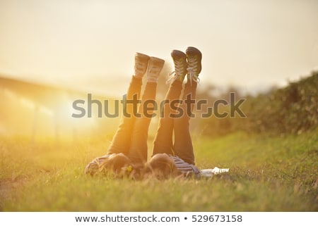 ストックフォト: Two Friends Lying Together In Green Grass