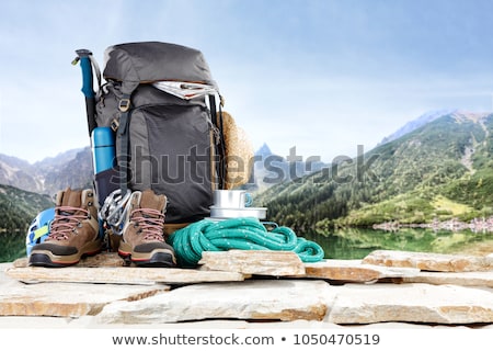 Zdjęcia stock: Beautiful Young Tourist Girl With Backpack At Mountains