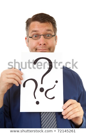 Stock photo: Male Nerdy Geek Is Holding Text Board With Question Marks