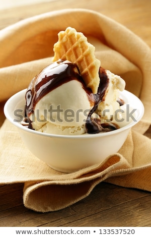 Foto stock: White Creamy Ice Cream Scoop With Chocolate Sauce And Fresh Green Mint On White Plate Isolated Clos