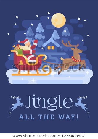 Stockfoto: Happy Santa Claus Riding In A Sleigh Drawn By Reindeer Across A