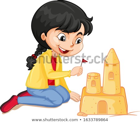 Stok fotoğraf: Girl In Yellow Jacket Making Sandcastle On White Background