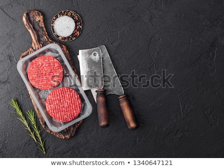 Foto stock: Tray With Raw Minced Homemade Beef Meat With Spices And Herbs Top View And Space For Text On Top O