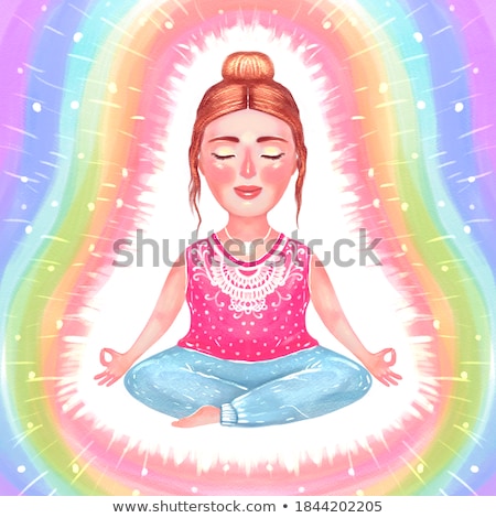 Stockfoto: Woman Doing Yoga In Lotus Pose With Rainbow Aura