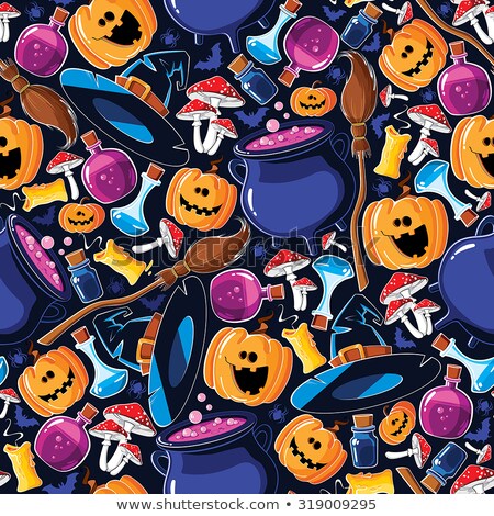 Foto d'archivio: Witch On Broom Pattern Seamless Halloween Background Vector Ill
