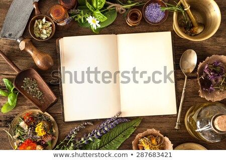 Stok fotoğraf: Natural Remedy Mortar And Herbs Space For Your Text