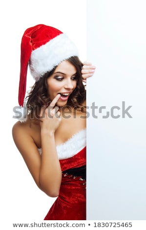 Stok fotoğraf: Young Woman In Red Santa Costume With Blank Board