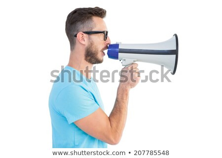 Foto stock: Side View Of A Young Man In White Shirt Yelling