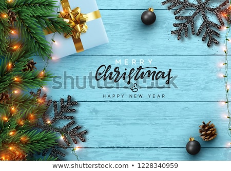 Stockfoto: Christmas Tree Branches With Cones On Blue Wooden Texture Ready