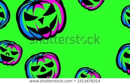 Stockfoto: Halloween Party Flyer Vector Illustration With Tombstone And Scary Faced Pumpkin On Green Background