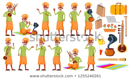 Foto stock: Indian Old Man Poses Set Vector Hindu Asian Elderly People Senior Person Aged Snake Cobra Danc