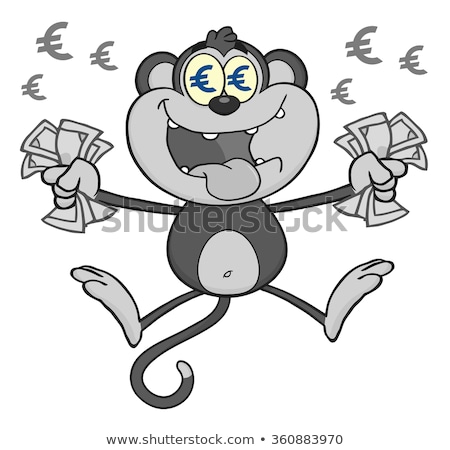 Foto stock: Rich Monkey Cartoon Character Jumping With Cash Money And Euro Eyes Gray Color