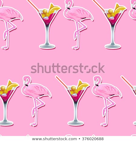 Foto d'archivio: Seamless Pattern - All Over Background  Pink Martini Cocktail Glass And Pink Flamingo On A Pink Back