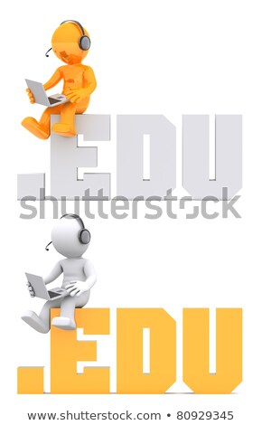 Stockfoto: 3d Character Sitting On Blog Domain Sign