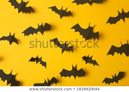 Сток-фото: Fun Cemetery - Halloween Orange Background With Blank Black Sale Labels And Bats Flock Mock Up Co