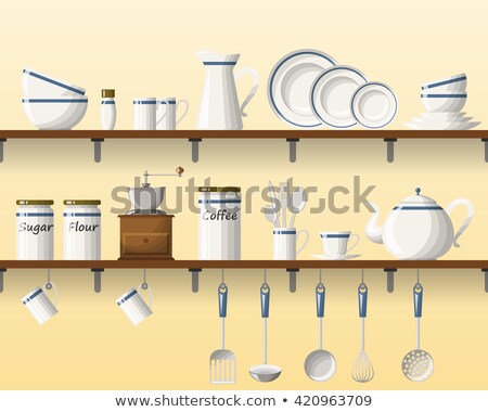 Foto stock: Kitchen Shelving With Tableware Seamless Part 1 Of 4