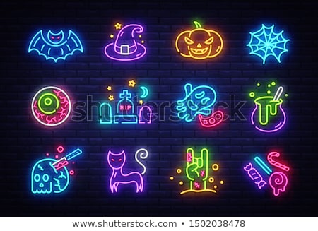 Stock foto: Happy Halloween Neon Sign With Ghost