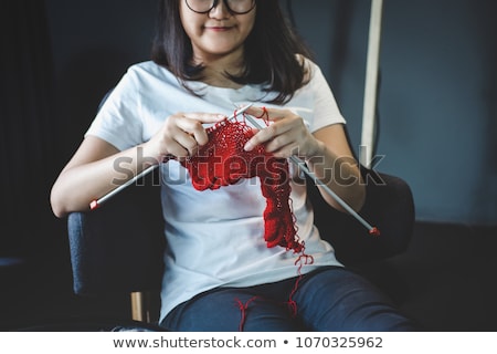 Close Up Shot Of Young Woman Hands Knitting A Red Scarf Handicra Сток-фото © Freedomz