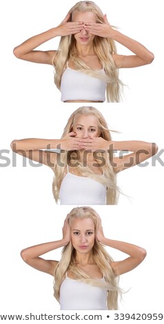 Stockfoto: Girl Keeps Ears Eyes And Mouth To Collage