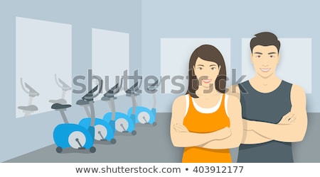 Foto stock: Personal Fitness Trainers Asian Man And Woman In Gym Illustration