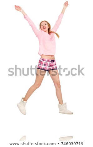 [[stock_photo]]: Young Woman In Pink Plaid Shorts Isolated On White