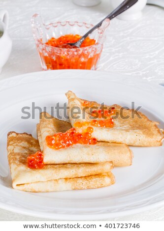 Stock fotó: Red Salmon Caviar With Pancakes On The Background