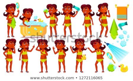 Stockfoto: Teen Girl Poses Set Vector Indian Hindu Asian Cute Comic Joy For Postcard Announcement Cove