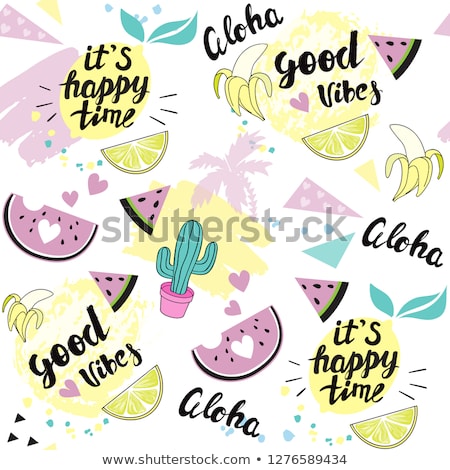 Hello Summer Lettering And Watermelon Summer Time Postcard Seasonal Lettering Ink Illustration M Foto stock © brainpencil