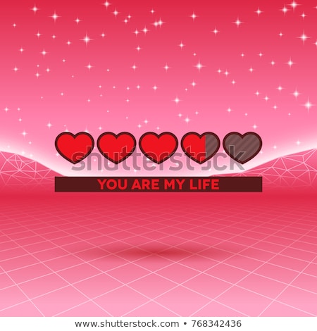 Stockfoto: Valentines Day Hearts Of Love Themed Retro Game Card With 80s Styled Neon Landscape And Life Loading