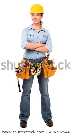 Сток-фото: Young Woman Worker In Helmet With The Work Tools On A White