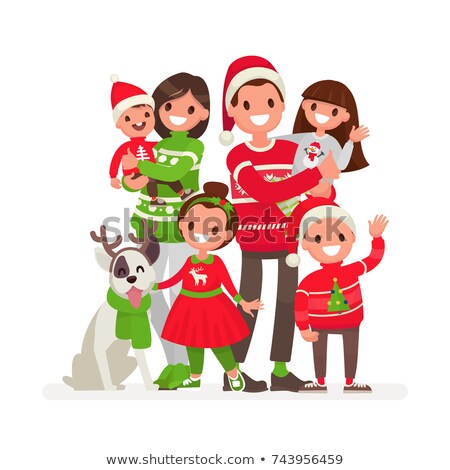 Stock foto: Family Portrait Vector Dad Mother Kids In Santa Hats Cheerful Greeting Postcard Colorful Des