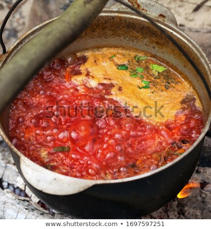 ストックフォト: Borscht Cooking In Sooty Cauldron On Campfire