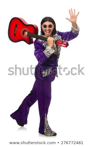 Foto stock: Man In Funny Clothing Holding Guitar Isolated On White