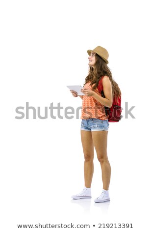 Stockfoto: Smiling Tourist Using Digital Tablet